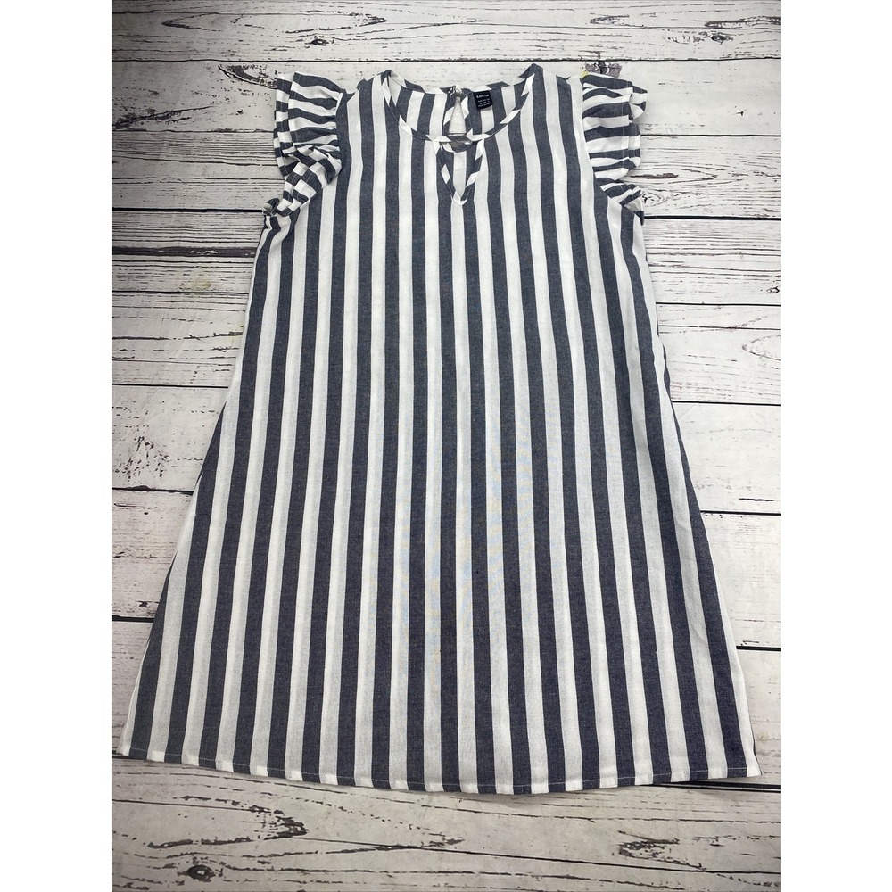Shein Navy Blue White Striped Shift Dress Sleeveless Ruffle Shoulder Women's M